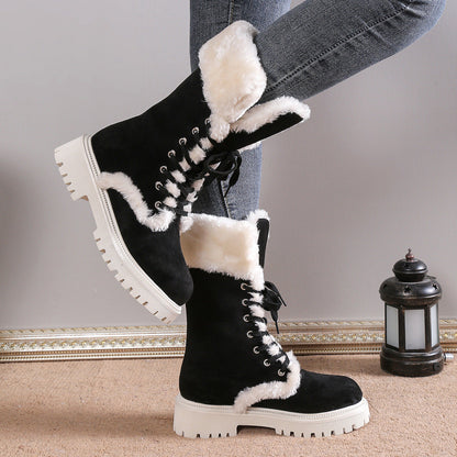 Fiorelle Winter New Women's Velvet Mid-Tube Cotton Boots with Thickened Lining and Height-Enhancing Design