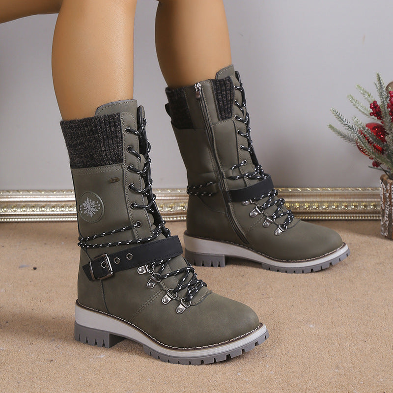 Fiorelle Women's Nordic Knit Combat Boot - High-Shaft Thermal Cotton Lined Snow Boots with Block Heel & Leather Accents Design (US 5-10.5)