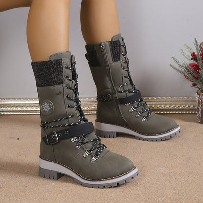 Fiorelle Women's Nordic Knit Combat Boot - High-Shaft Thermal Cotton Lined Snow Boots with Block Heel & Leather Accents Design (US 5-10.5)