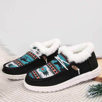 Fiorelle Women's Folklore Plush Flat Boots - Ethnic Print Lace-Up Winter Snow Shoes with Cozy Fleece Lining- US(5-10.5)