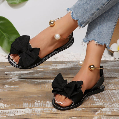 Fiorelle Women’s Serelle Pearl Bow Flat Slides – Minimalist Ankle Strap Casual Sandals (US 5–10.5)