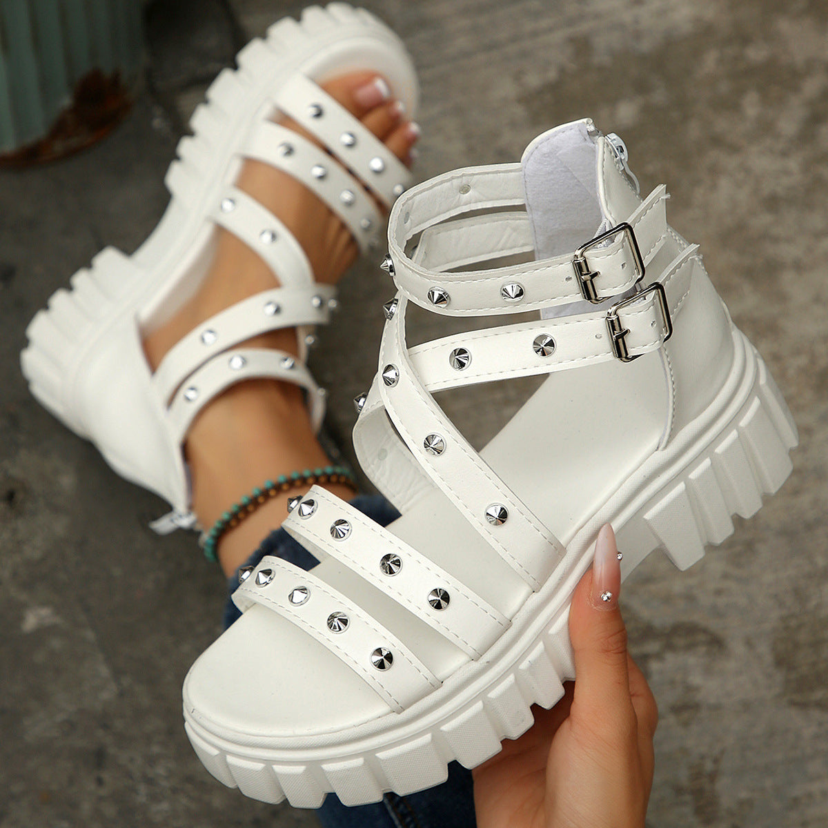 Fiorelle Women’s Rivara Studded Platform Wedge Sandals – Adjustable Ankle Strap Casual Summer Shoes (US 4–10.5)