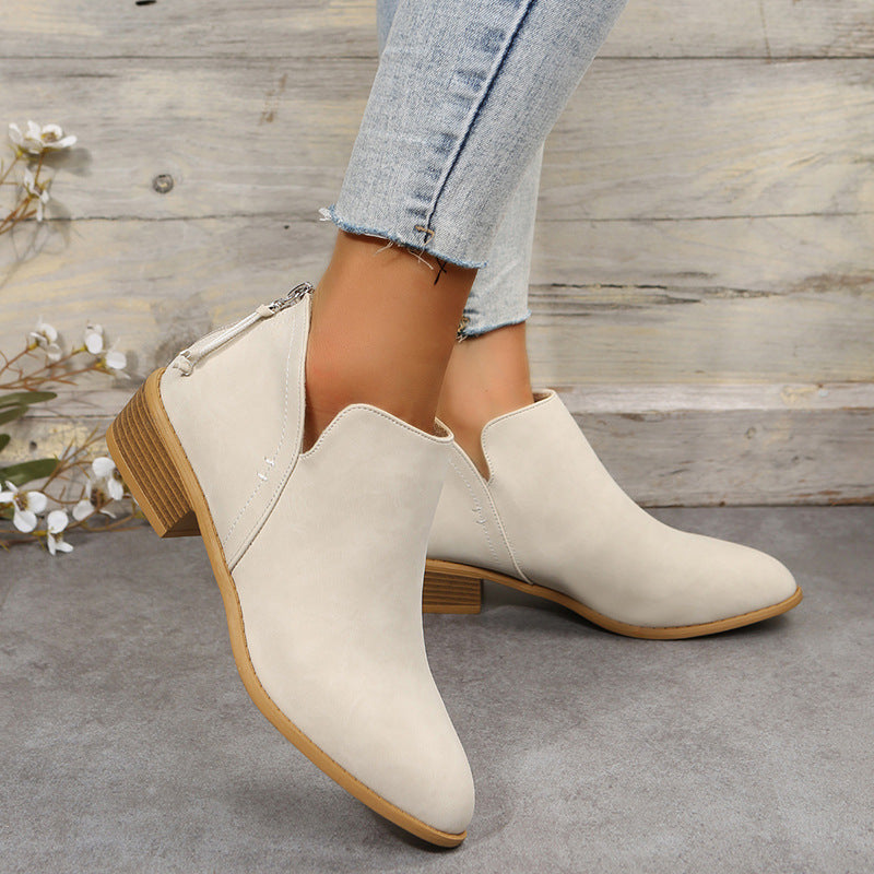 Fiorelle Plus Size Women's British-Inspired Solid-Color Pointed Toe Casual Fashion Boots with Rear Zipper & Low Chunky Hee