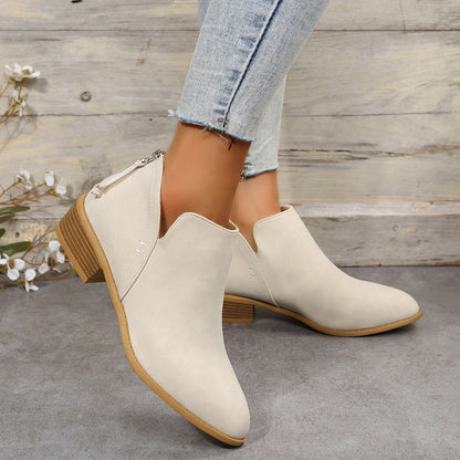Fiorelle Plus Size Women's British-Inspired Solid-Color Pointed Toe Casual Fashion Boots with Rear Zipper & Low Chunky Hee