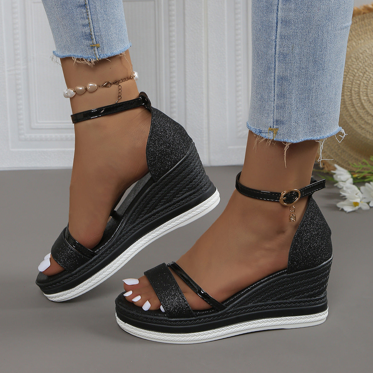 Fiorelle Women's Plus Size Rhinestone Platform Sandals – Peep-Toe Wedge Heel with Adjustable Ankle Strap, Chunky Beach Wedding Shoes