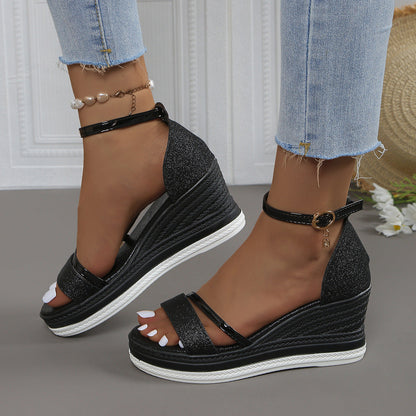 Fiorelle Women's Plus Size Rhinestone Platform Sandals – Peep-Toe Wedge Heel with Adjustable Ankle Strap, Chunky Beach Wedding Shoes