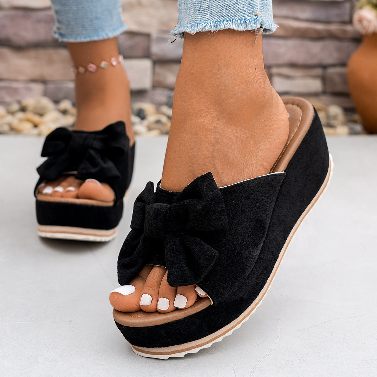 Fiorelle Women’s Sorelle Leopard Print Bow Platform Wedge Slides – Stable Chunky Heel Casual Summer Sandals (US 5–10)