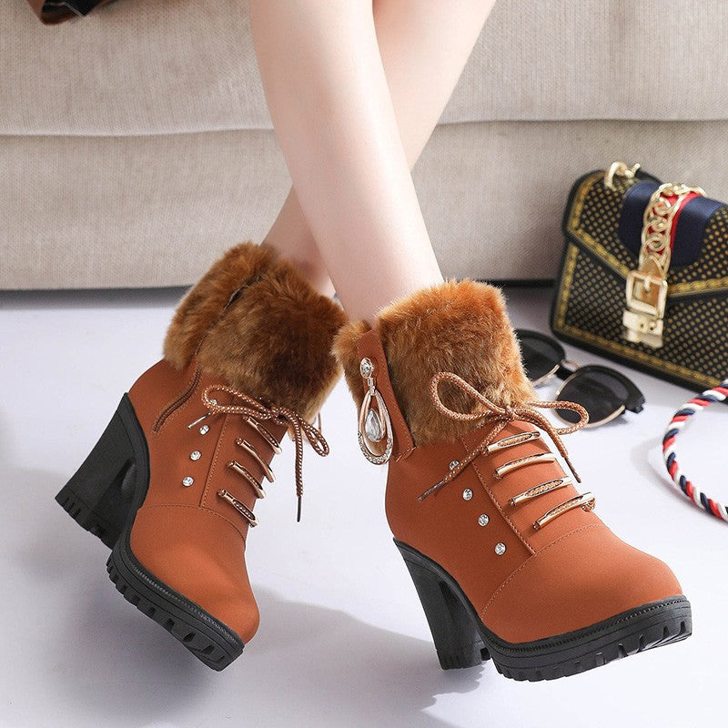 Fiorelle Women's Glam Knit-Cuff Boots - Rhinestone Decor Side Zip Block Heel Dress Boots (US 5-10)