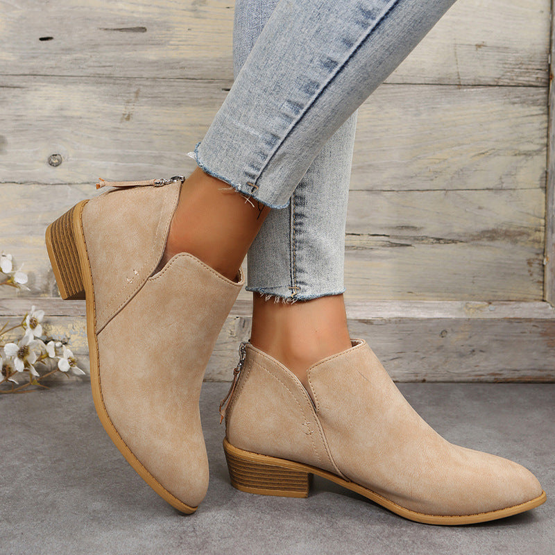 Fiorelle Plus Size Women's British-Inspired Solid-Color Pointed Toe Casual Fashion Boots with Rear Zipper & Low Chunky Hee