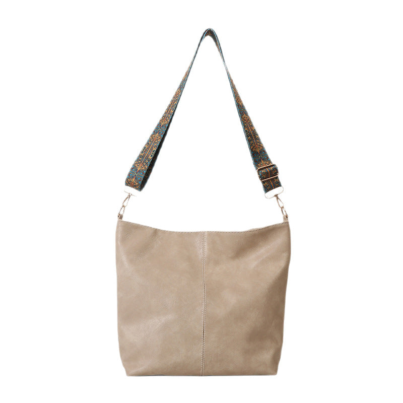Fiorelle Women's Convertible Crossbody Bucket — Monochrome PU Carryall with Artisan-Embroidered Strap