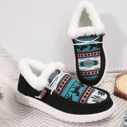 Fiorelle Women's Folklore Plush Flat Boots - Ethnic Print Lace-Up Winter Snow Shoes with Cozy Fleece Lining- US(5-10.5)