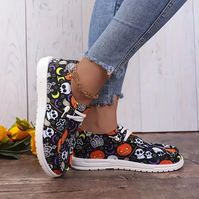 Fiorelle Women‘s Spooky Chic Canvas Sneakers - Halloween Pumpkin Skeleton Print Casual Shoes- US(5-9)