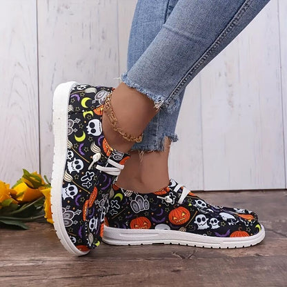 Fiorelle Women‘s Spooky Chic Canvas Sneakers - Halloween Pumpkin Skeleton Print Casual Shoes- US(5-9)