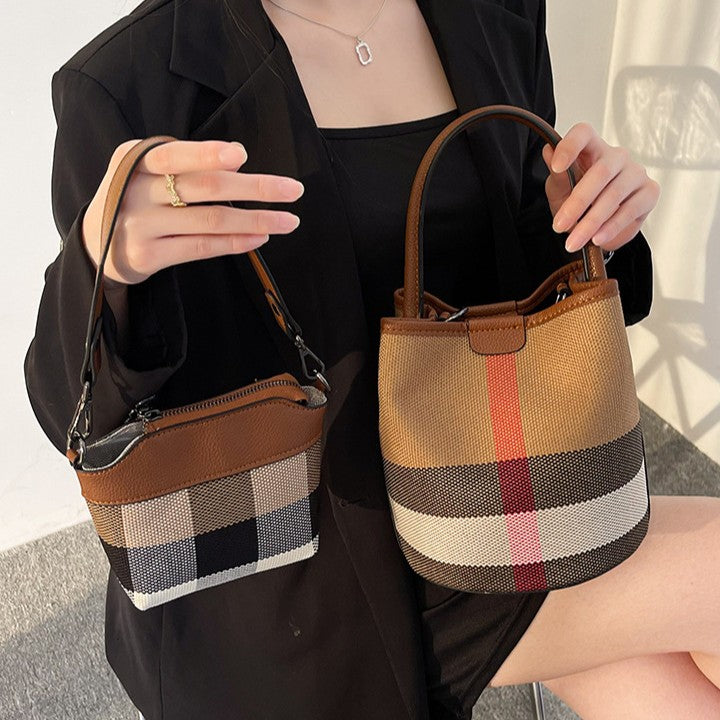 Fiorelle Women’s Regent Plaid Bucket Satchel — Heritage Check Full-Grain Leather Convertible with Detachable Pouch & Effortless Transition Carry