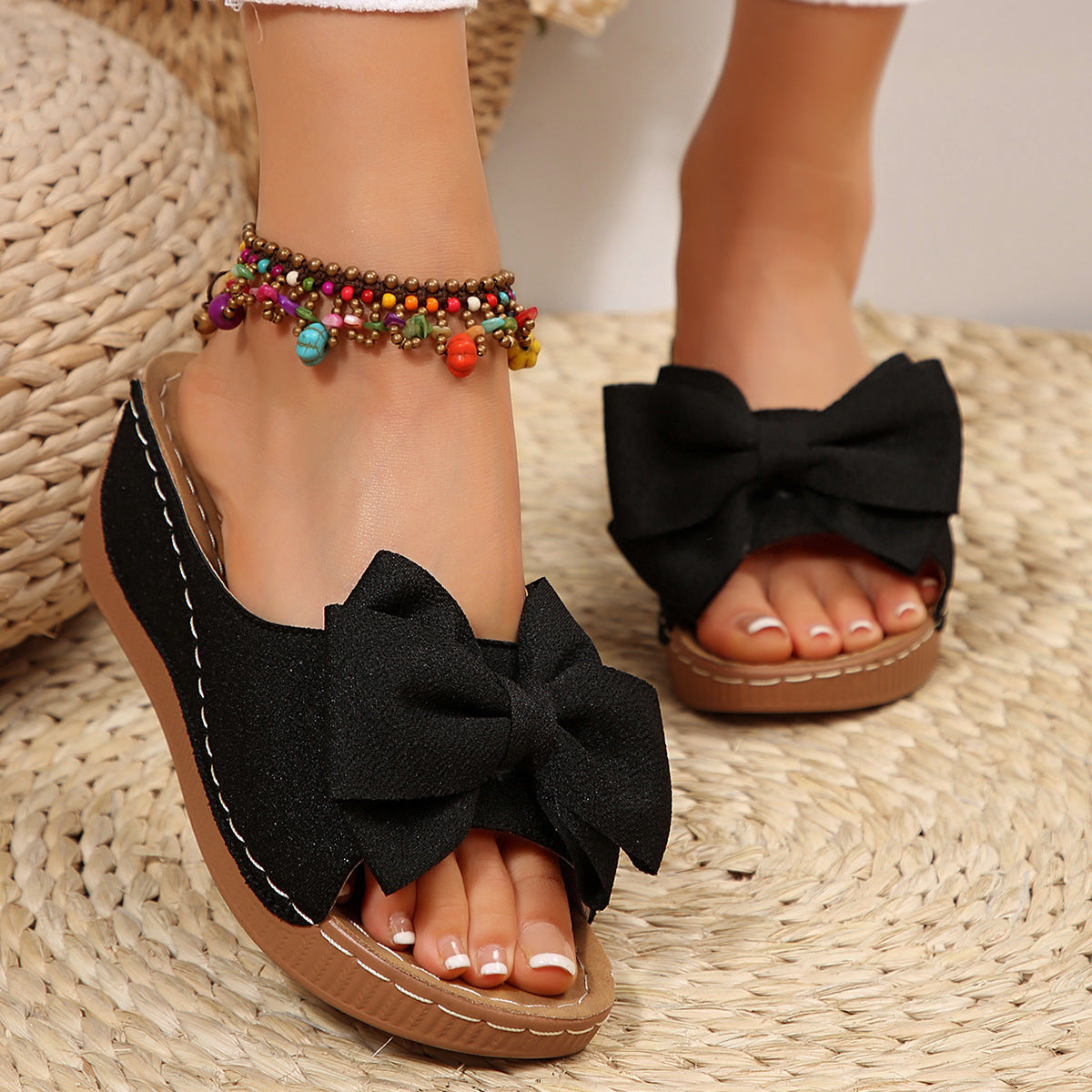 Fiorelle Women’s Liora Bow Flower Platform Wedge Slide Sandals – Peep-Toe Wide Strap Summer Slides (US 5–10.5)