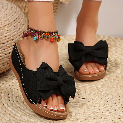 Fiorelle Women’s Liora Bow Flower Platform Wedge Slide Sandals – Peep-Toe Wide Strap Summer Slides (US 5–10.5)