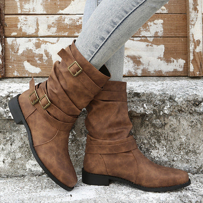 Fiorelle Women's Matte PU Buckle-Detailed Slouch Boots - Crushed Texture Stacked Mid-Calf Flat Boots (US 5-10.5)