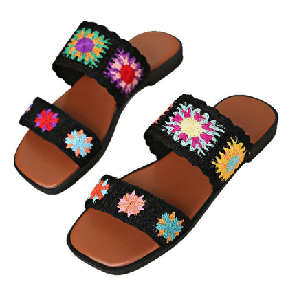 Fiorelle Women’s SunBloom Knit Flat Slides – Square-Toe Boho Embroidered Sandals (US 5–10)