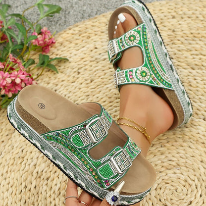 Fiorelle Women’s Calyra Rhinestone Platform Slide Sandals – Boho Metallic Buckle Rope Detail Resort Slides (US 5–10.5)