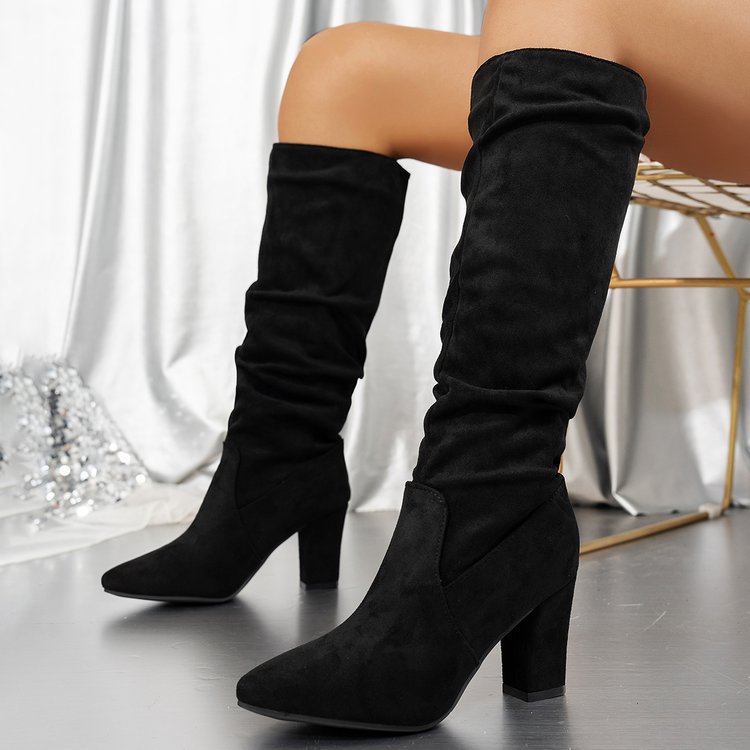 Fiorelle Women’s Suede ChunkyEdge Knee-High Boots – Pointed Toe Chunky Heel Tall Boots (US 4–10.5)