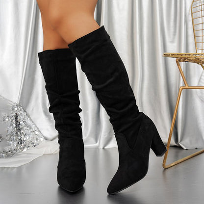 Fiorelle Women’s Suede ChunkyEdge Knee-High Boots – Pointed Toe Chunky Heel Tall Boots (US 4–10.5)