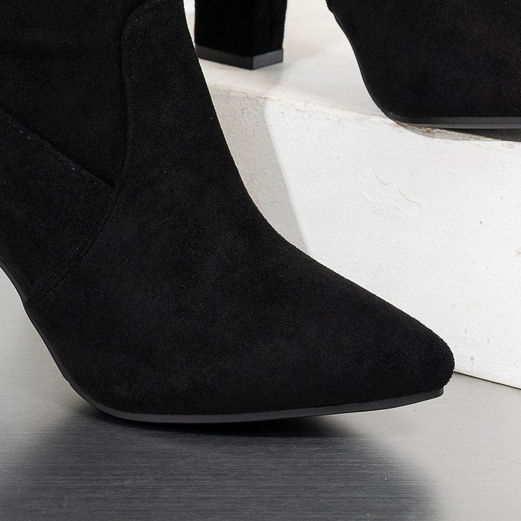 Fiorelle Women’s Suede ChunkyEdge Knee-High Boots – Pointed Toe Chunky Heel Tall Boots (US 4–10.5)