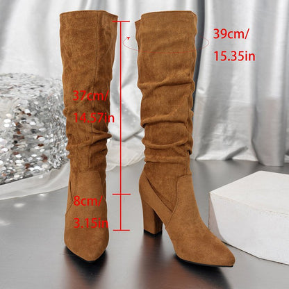 Fiorelle Women’s Suede ChunkyEdge Knee-High Boots – Pointed Toe Chunky Heel Tall Boots (US 4–10.5)