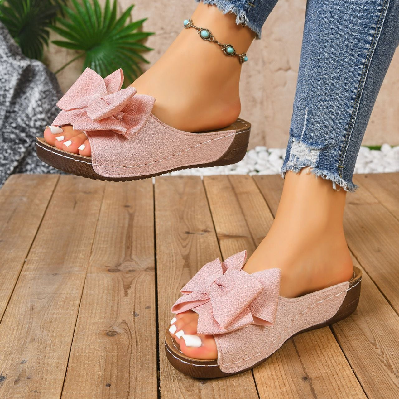 Fiorelle Women’s Liora Bow Flower Platform Wedge Slide Sandals – Peep-Toe Wide Strap Summer Slides (US 5–10.5)