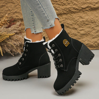 Fiorelle Women's Alpine Luxe Combat Boot - Chunky Sole Mid-Heel Weatherproof Ankle Boots with Faux Fur Lining & Classic Lace-Up Design (US 4-10)