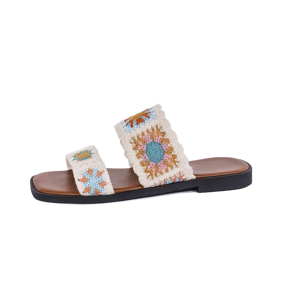 Fiorelle Women’s SunBloom Knit Flat Slides – Square-Toe Boho Embroidered Sandals (US 5–10)