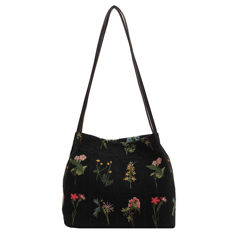 Fiorelle Women's Atelier Bloom Bucket — Artisan-Embroidered Canvas Commuter Tote with Structured Base & Dual Carry