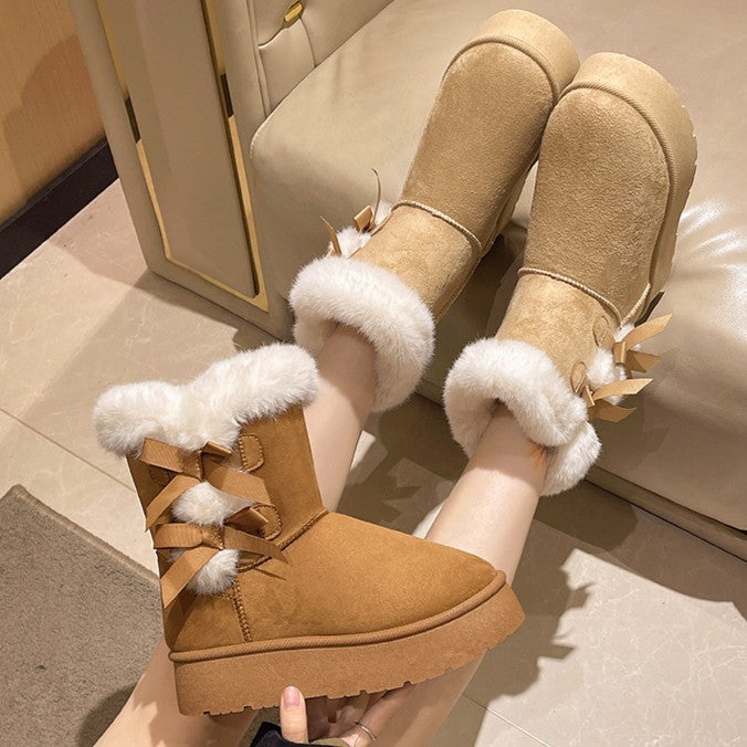 Fiorelle Women's Bow-Knit Cozy Winter Boots - Shearling Lined Chunky Platform Snow Boots (US 5-9.5)