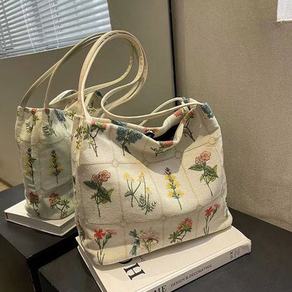 Fiorelle Women's Atelier Bloom Bucket — Artisan-Embroidered Canvas Commuter Tote with Structured Base & Dual Carry