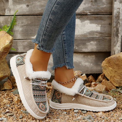 Fiorelle Women's Folklore Plush Flat Boots - Ethnic Print Lace-Up Winter Snow Shoes with Cozy Fleece Lining- US(5-10.5)