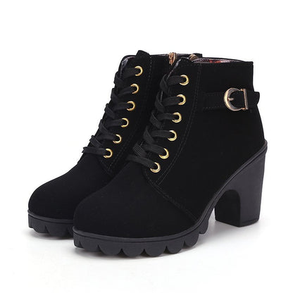 Fiorelle Women's Buckle Decorated Chunky Heel Ankle Boots - Side Zipper & Lace-Up Round Toe Mid-Calf Equestrian Boots (US 4-10)