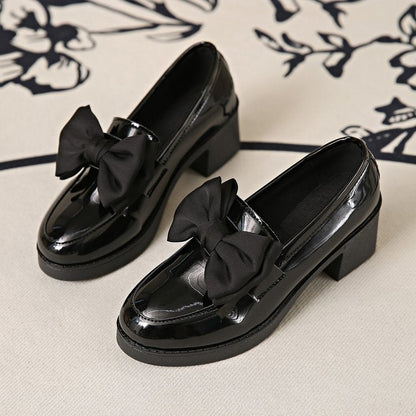 Fiorelle Women's Plus Size Bowknot Leather Shoes with Chunky Heel Platform