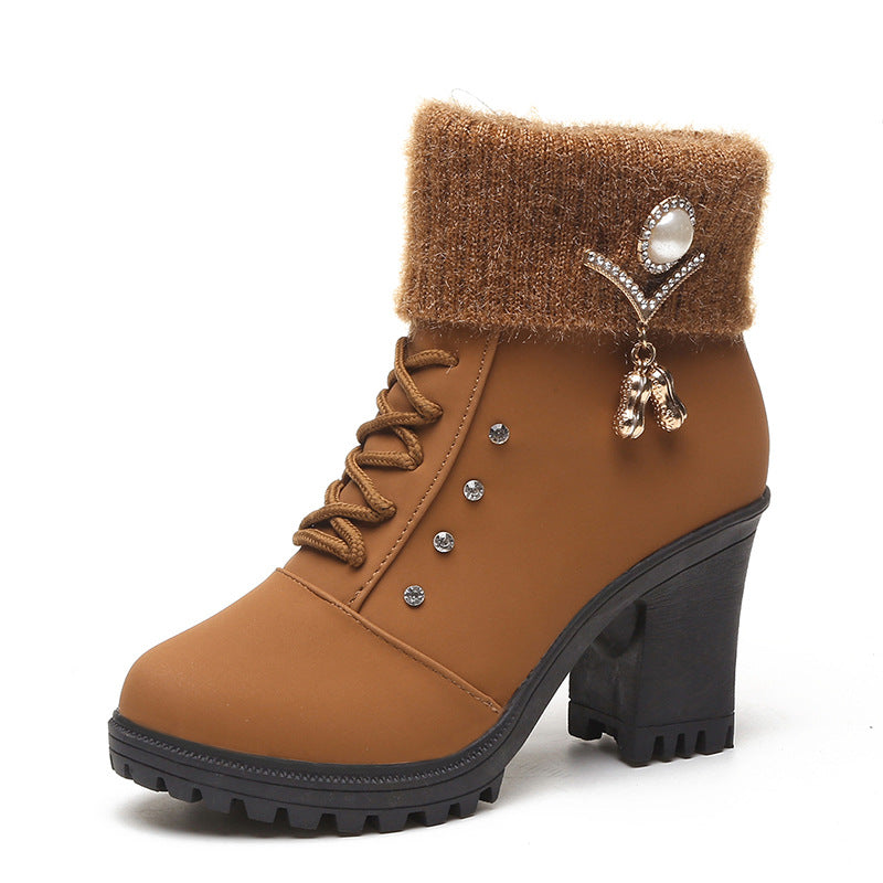 Fiorelle Women's Glam Knit-Cuff Boots - Rhinestone Decor Side Zip Block Heel Dress Boots (US 5-10)