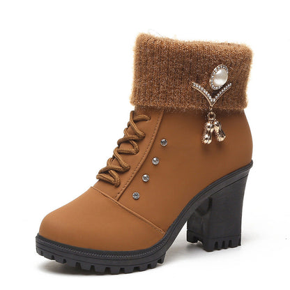 Fiorelle Women's Glam Knit-Cuff Boots - Rhinestone Decor Side Zip Block Heel Dress Boots (US 5-10)