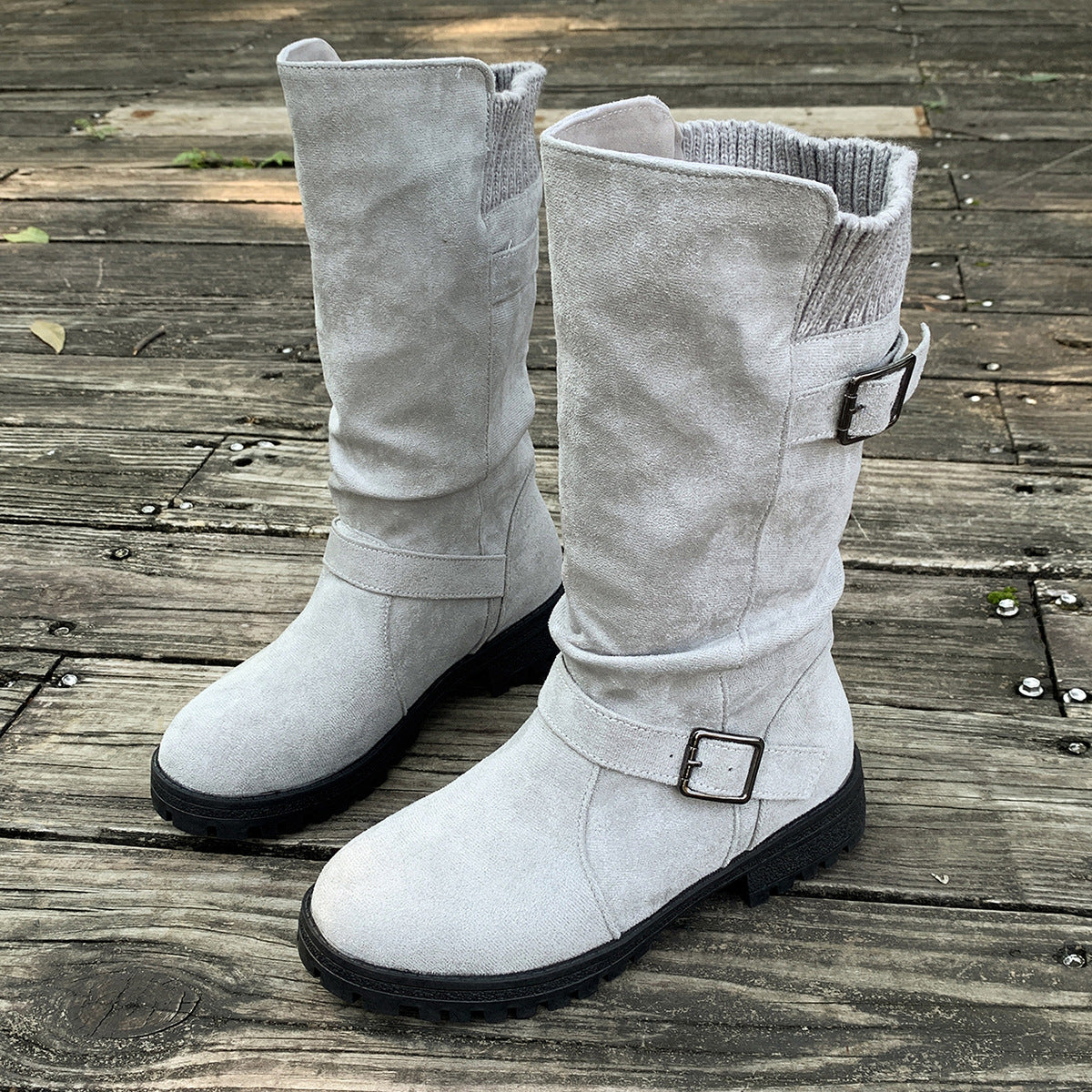 Fiorelle Women’s RanchWrap Buckle Mid-Calf Suede Boots – Knit Cuff Western-Style Slouchy Shoes (US 5–10.5)