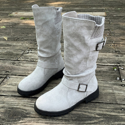 Fiorelle Women’s RanchWrap Buckle Mid-Calf Suede Boots – Knit Cuff Western-Style Slouchy Shoes (US 5–10.5)