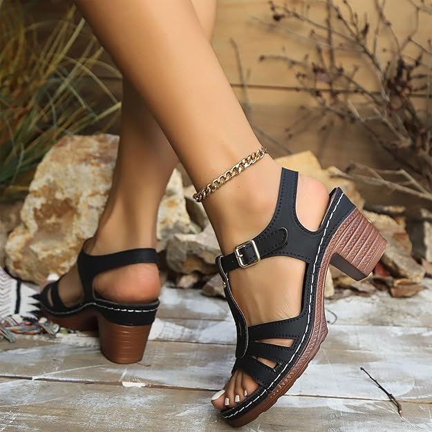 Fiorelle Women’s GraceStep Block Heel Sandals – Peep-Toe Buckle Summer Shoes (US 5–10.5)