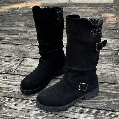 Fiorelle Women’s RanchWrap Buckle Mid-Calf Suede Boots – Knit Cuff Western-Style Slouchy Shoes (US 5–10.5)