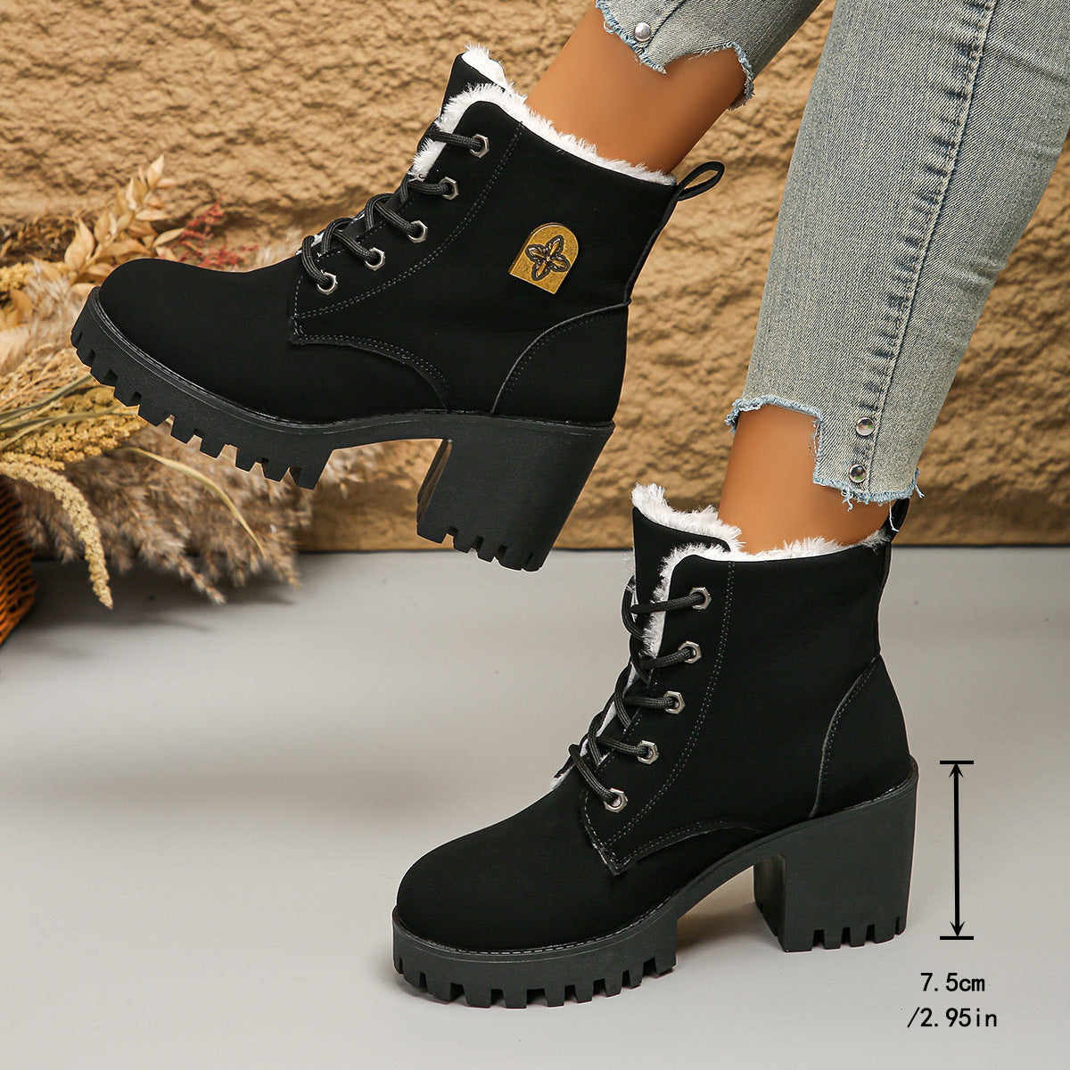 Fiorelle Women's Alpine Luxe Combat Boot - Chunky Sole Mid-Heel Weatherproof Ankle Boots with Faux Fur Lining & Classic Lace-Up Design (US 4-10)