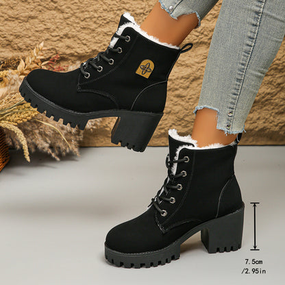 Fiorelle Women's Alpine Luxe Combat Boot - Chunky Sole Mid-Heel Weatherproof Ankle Boots with Faux Fur Lining & Classic Lace-Up Design (US 4-10)