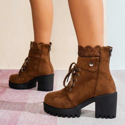 Fiorelle Women's Lace & Suede Heeled Boots - Chunky Heel Round Toe Vintage Ankle Boots (US 5-10.5)