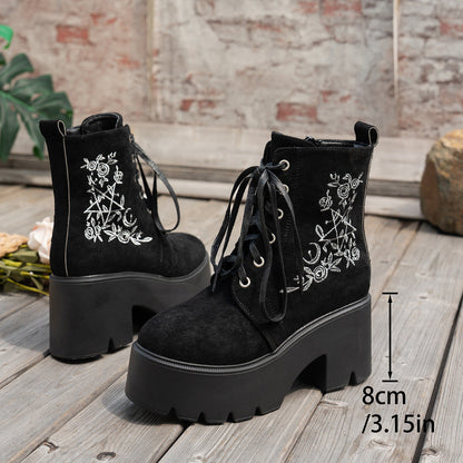 Fiorelle Women's Elfin Platform Ankle Boots - Embroidered Chunky Heel  Fall Winter Short Boots (US 4-10)