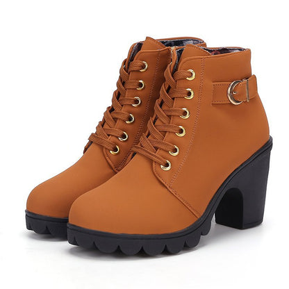 Fiorelle Women's Buckle Decorated Chunky Heel Ankle Boots - Side Zipper & Lace-Up Round Toe Mid-Calf Equestrian Boots (US 4-10)