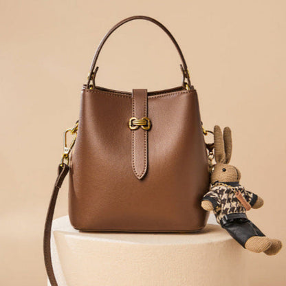 Fiorelle Women’s Bunny Charm Bucket Satchel — Cowhide Leather Convertible with Sculptural Clasp & Signature Whimsy