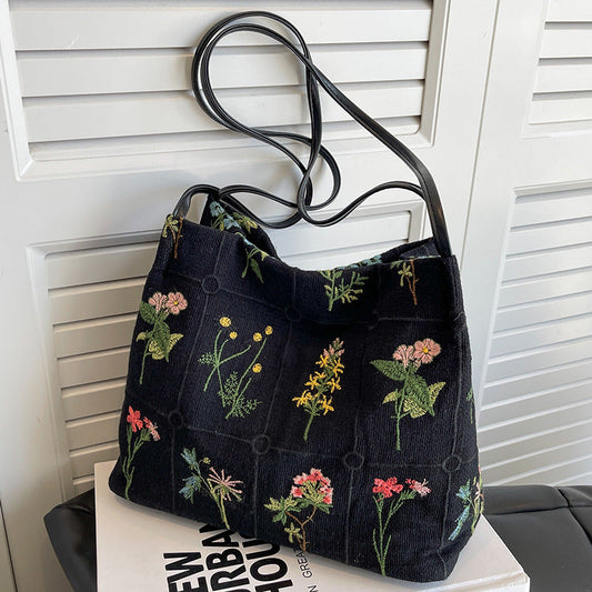 Fiorelle Women's Atelier Bloom Bucket — Artisan-Embroidered Canvas Commuter Tote with Structured Base & Dual Carry