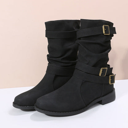 Fiorelle Women's Matte PU Buckle-Detailed Slouch Boots - Crushed Texture Stacked Mid-Calf Flat Boots (US 5-10.5)
